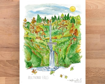 Stampa ad acquerello di Multnomah Falls / Illustrazione di una cascata nel Pacifico nord-occidentale dell'Oregon