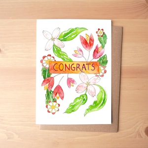 Félicitations Fleurs Aquarelle Illustrée Carte de vœux / Papeterie + Enveloppe