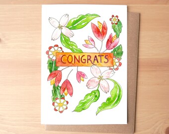 Félicitations Fleurs Aquarelle Illustrée Carte de vœux / Papeterie + Enveloppe