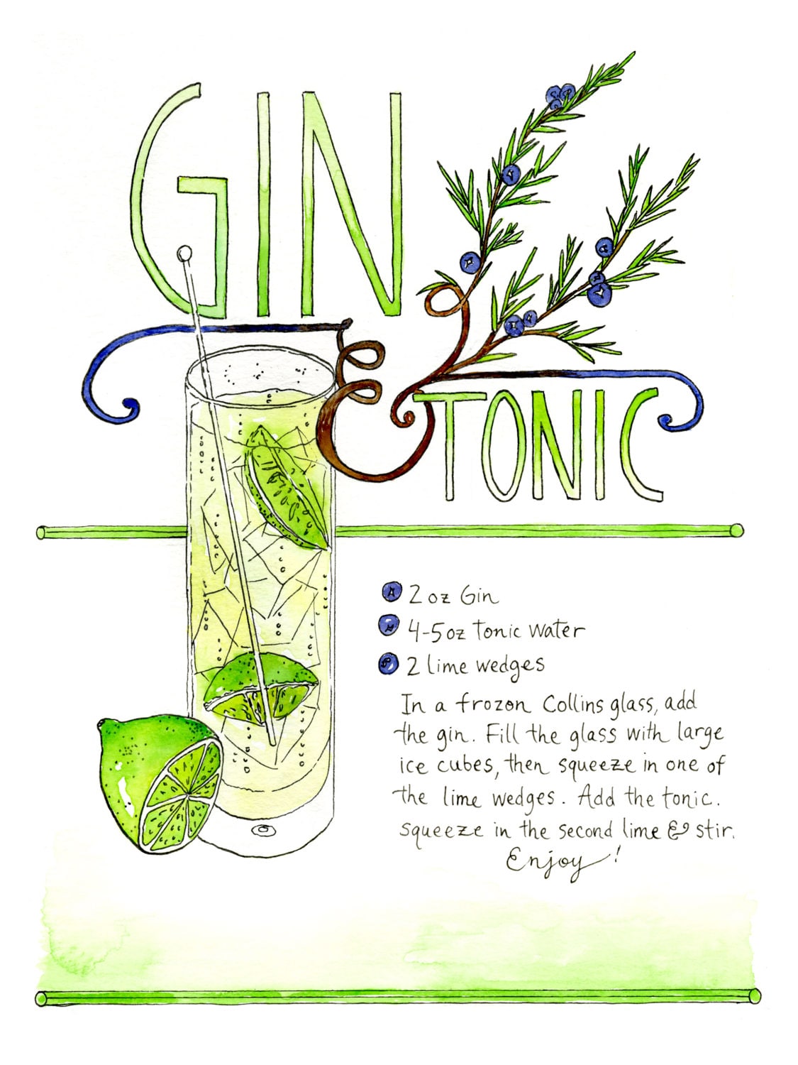 Download Refreshing Gin and Tonic Illustrated Recipe Art Print / | Etsy