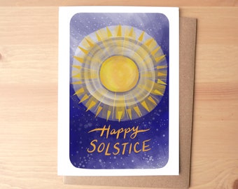 Winter Solstice Greeting Card, Holiday Stationery and Envelope, Winter Equinox Art with Yellow Sun, Celebration of the Light Greetings