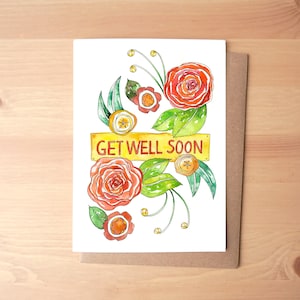 Get Well Soon Blumen Aquarell Illustrierte Grußkarte/Briefpapier + Umschlag