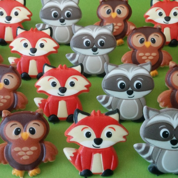 24 WOODLAND CREATURE cupcake cake topper rings party favors goodie bags birthday animals baby shower fox owl raccoon camp camping glamping