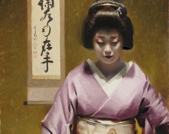 Miehina and Her Shamisen - signed 8 " x 10" print of an original painting   - japanese geisha art asian artwork