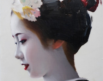 May include: A painting of a woman with dark hair and a white flower crown. She is wearing a black and white kimono and has red lipstick. The background is a light gray.