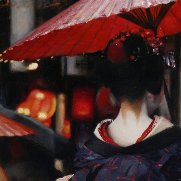 Rainy Day in Gion - signed 8" x 10" print of an original painting  - japanese geisha art asian maiko artwork