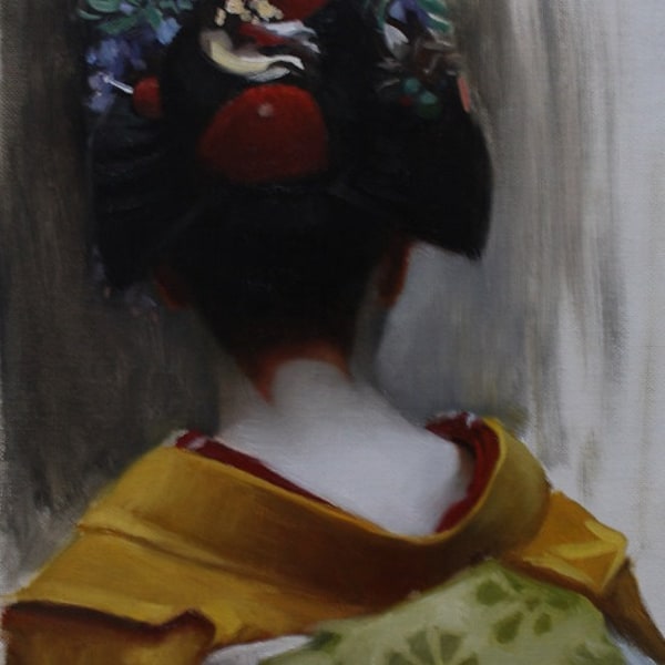 The Scarlet Fringe (Yellow) - 33cm x 24cm oil painting on linen canvas - geisha painting art