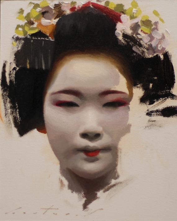 日本の舞妓さんアートプリント - 芸者の肖像画、サイン入り油絵（8x10