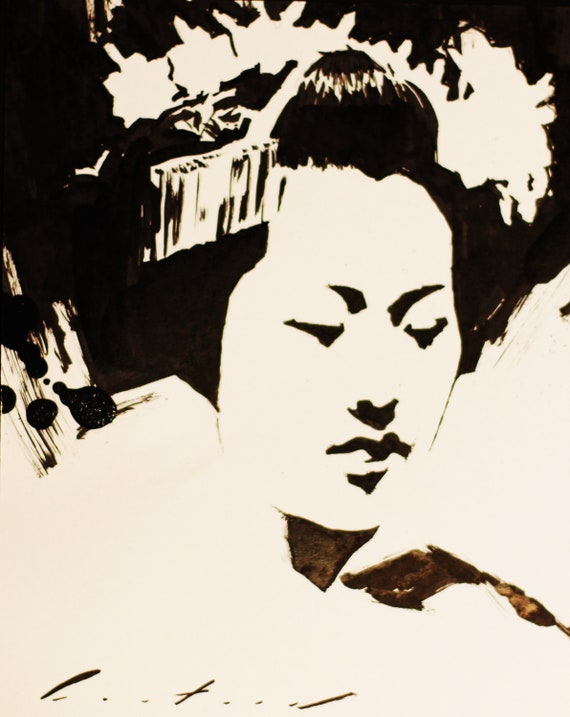 Tomitae Sumi Ink Painting on 8 X 10 Matte Paper Japanese Geisha Art Asian  Maiko Artwork 