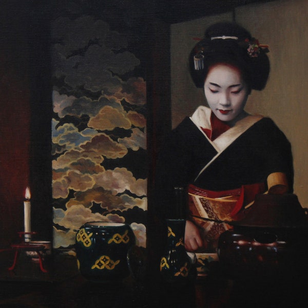 Kurze Kerzen - signierter 30 x 30 cm Druck eines Original Ölgemäldes - japanische Geisha Kunst asiatische Kunst