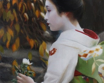 Chrysantheme - 30 x 30 cm signierter Druck eines Originalgemäldes - japanische Geisha Kunst