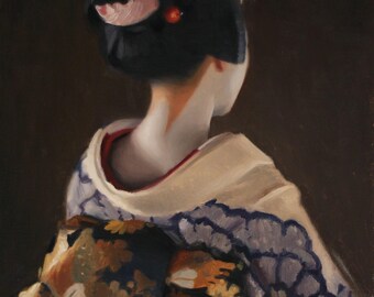 May include: A painting of a woman in a traditional Japanese kimono. She is wearing a black and gold patterned kimono with a purple floral design. Her hair is styled in a bun with a pink and red hair ornament.