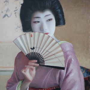 Mamefuji and Her Fan - oil painting on 16&quot; x 20&quot; canvas - japanese geisha art asian maiko artwork