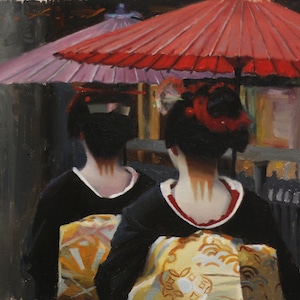 Rainy day in Kamishichiken- signed 11&quot; x 14&quot; print of an original painting  - japanese geisha art asian maiko artwork