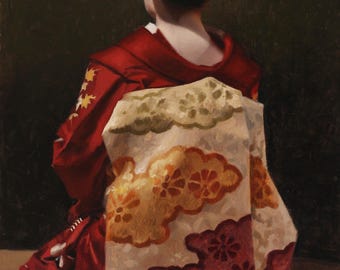 Puede incluir: Pintura al óleo de una mujer con un kimono japonés tradicional, vista desde atrás. El kimono es principalmente rojo con motivos florales dorados y un obi blanco y dorado. El cabello de la mujer está peinado en un moño tradicional.