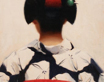 May include: Oil painting of a person wearing a traditional Japanese kimono. The person's back is turned, showcasing a black hairstyle adorned with red and green ornaments. The kimono is white with a dark blue floral pattern, and a red obi is tied around the waist.