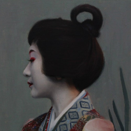 油彩画 舞妓女性の肖像 B. Yamaguchi 日本の舞妓さんアートプリント - 芸者の肖像画、サイン入り油絵（8x10