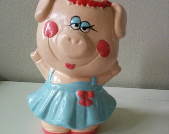 Vintage Ceramic Coin Bank Alcancía de cerditos felices y divertidos de 1980