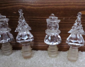 Tapones de botella de cuatro piezas set dos muñeco de nieve transparente y dos árboles tapones de botella