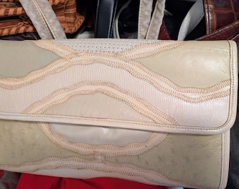 Cartera de mano vintage CAPRICE de piel de serpiente y avestruz de los años 70 con diseño de patchwork multicolor