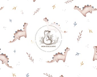 May include: A repeating pattern featuring watercolor illustrations of light brown dinosaurs with blue and brown accents, scattered with small leaves and dots on a white background. The design includes the text "NON-EXCLUSIVE" and "POOKYSWORLD PATTERN DESIGN".