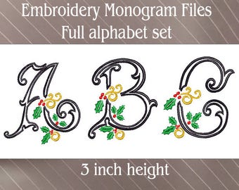 Vintage Holly Swirl Monogram - 3 inches in height Embroidery monogram alphabet font sets christmas