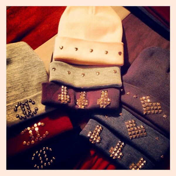 Studded CC beanies , hearts or crosses in 7 Colors 12" length -