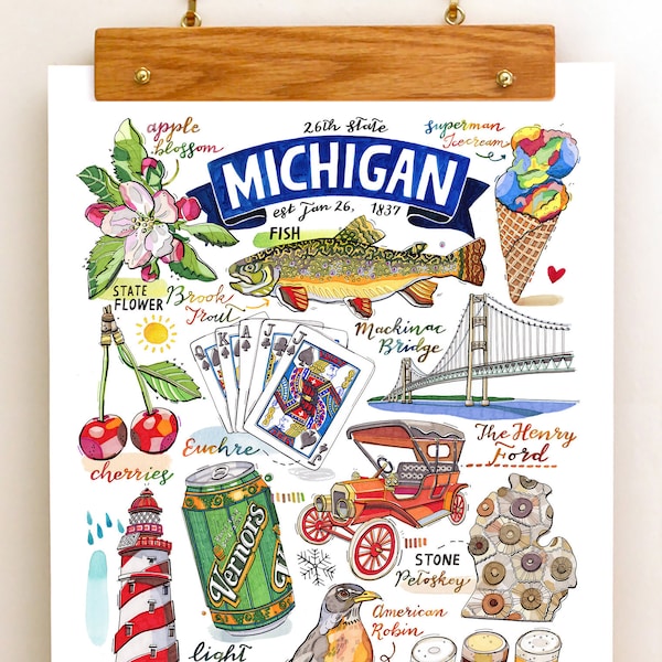 Michigan State print. Illustration. State symbols. The Wolverine State.