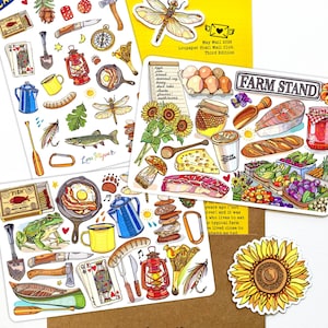 May include: A collection of colorful stickers featuring camping and farm stand themes. The stickers include illustrations of a dragonfly, eggs, sunflowers, a frying pan with bacon and eggs, a lantern, and a compass.