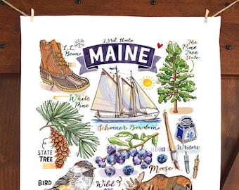 Maine Tea Towel. Kitchen Decor. Handmade. State Art. Illustration.
