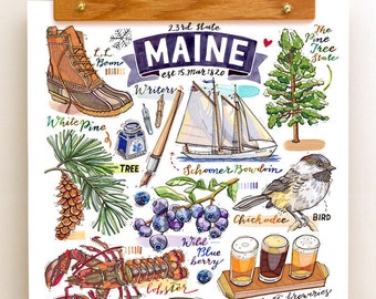 Maine State Print. Illustration. The Pine Tree State.