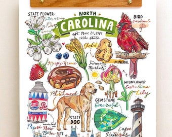 North Carolina print, State symbols, Illustration, State art, Cardinal, Plotthound, Lily, lighthouse, Biltmore estate.