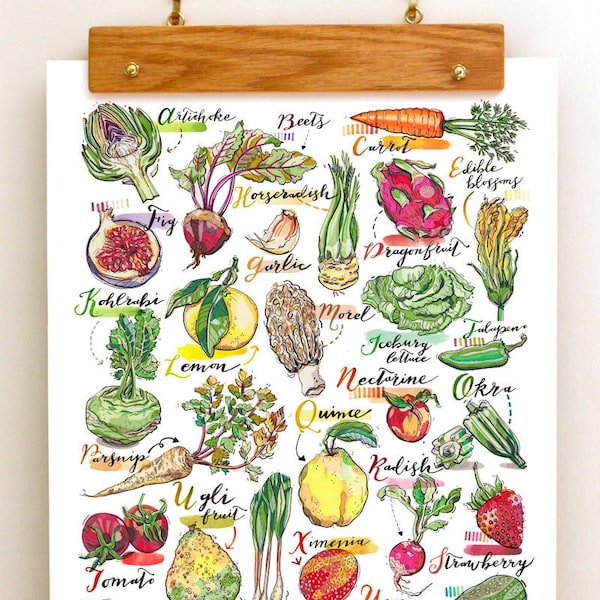 Alphabet fruit and vegetables print. ABC. Nursery. Kitchen decor. Food art. Illustration. Rainbow. Gift for gardener. Garden Art.