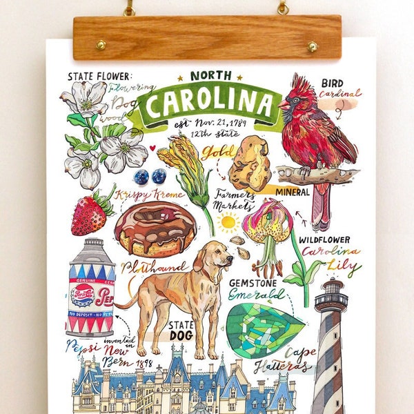 North Carolina print, State symbols, Illustration, State art, Cardinal, Plotthound, Lily, lighthouse, Biltmore estate.