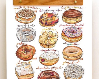 Donuts print. Doughnuts. Illustration. Kitchen decor. Food art. Sweets. Bakery.