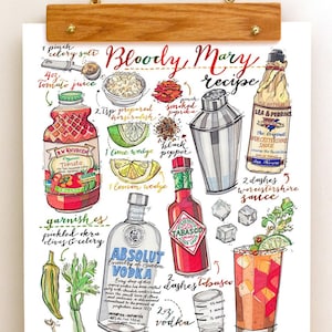 Bloody mary print. Cocktail illustration. Recipe. Bar decor. Kitchen decor. Summertime. Vodka. Drinks. Classic cocktail. image 1