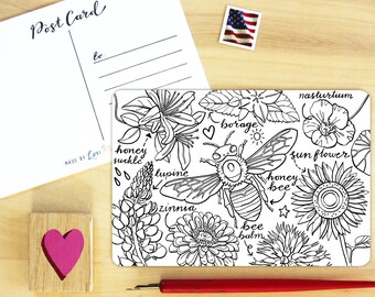 Pollinator's Garden coloring postcard.