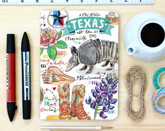 Texas notebook, blank journal, Lone Star State, state symbols, illustration, stationery, armadillo.