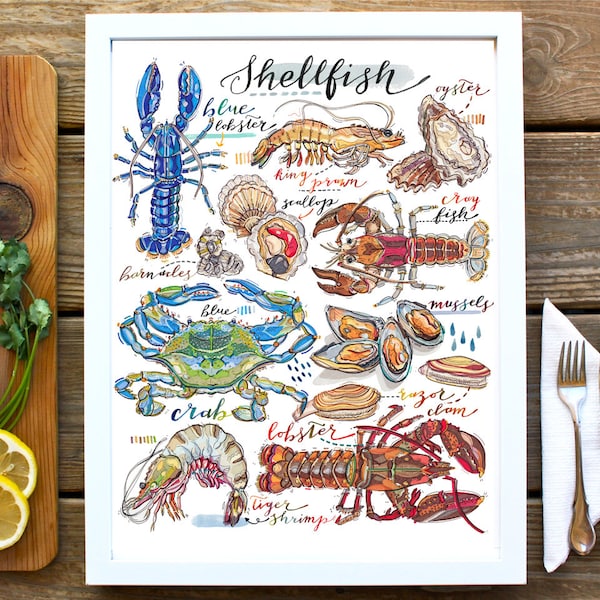 Shellfish illustration. Seafood print. Kitchen decor. Fish art. Food art. Lobster. Crab. Oyster. Crustaceans. Fish shop. Types of shellfish.