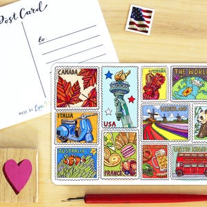 May include: A postcard featuring a grid of colorful illustrations representing different countries, including a blue scooter for Italy, the Statue of Liberty for the USA, a red bus for the UK, a panda for China, and a tulip field for the Netherlands.
