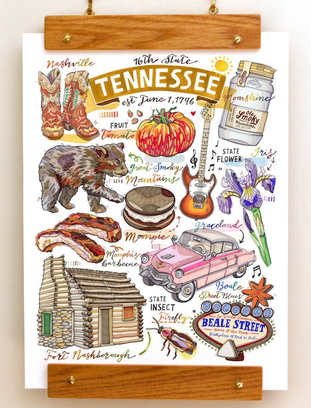 Tennessee Print, Illustration, State Symbols, Nashville, Smoky 