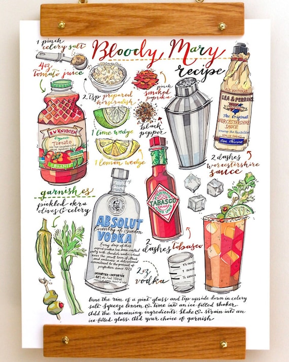 Bloody Mary Print. Cocktail Illustration. Recipe. Bar Decor. Kitchen Decor.  Summertime. Vodka. Drinks. Classic Cocktail