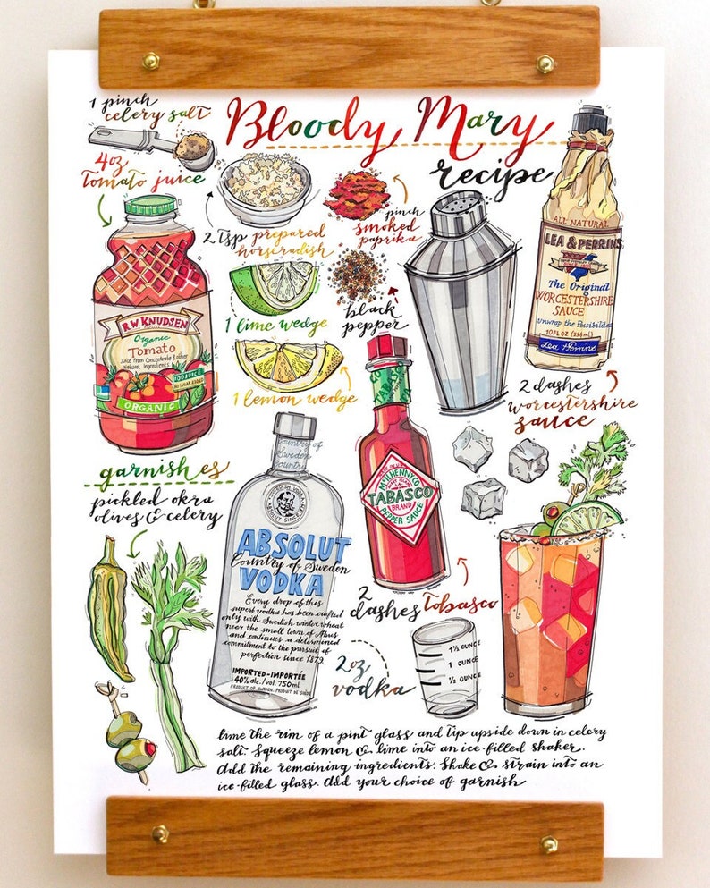 Bloody mary print. Cocktail illustration. Recipe. Bar decor. Kitchen decor. Summertime. Vodka. Drinks. Classic cocktail. image 1