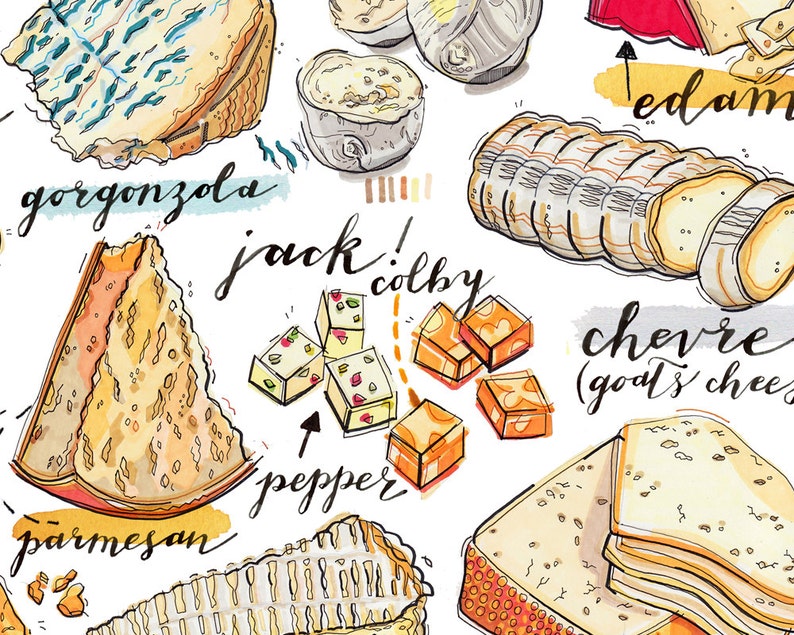 cheese print. illustration. Kitchen decor. Food art. gourmet. cheese lover. home decor. Fromage. Gift for cook. Artisanal. image 4