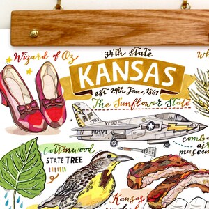 May include: A colorful illustration of Kansas, the 34th state, with the text "The Sunflower State" and "est 29th Jan, 1867". The illustration includes a red ruby slipper, a cottonwood tree, a yellow and brown bird, a military jet, wheat stalks, and a red heart.