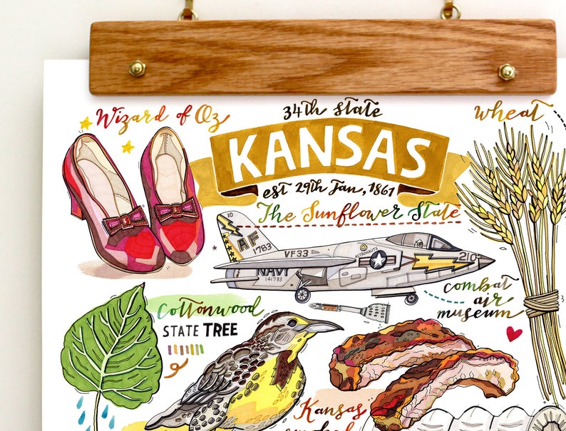 May include: A colorful illustration of Kansas, the 34th state, with the text "The Sunflower State" and "est 29th Jan, 1867". The illustration includes a red ruby slipper, a cottonwood tree, a yellow and brown bird, a military jet, wheat stalks, and a red heart.