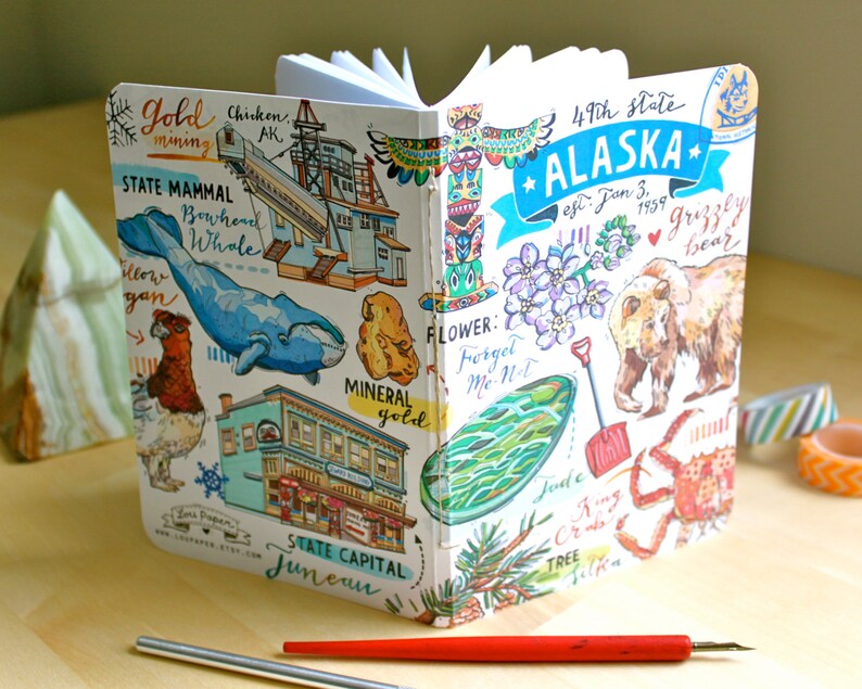 Alaska notebook, blank journal, the Last Frontier, state symbols, illustration, stationery. zdjęcie 4
