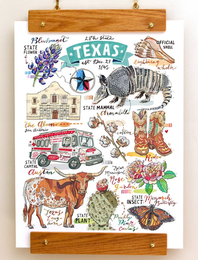 Texas Print Illustration State Symbols the Lone Star State Etsy UK