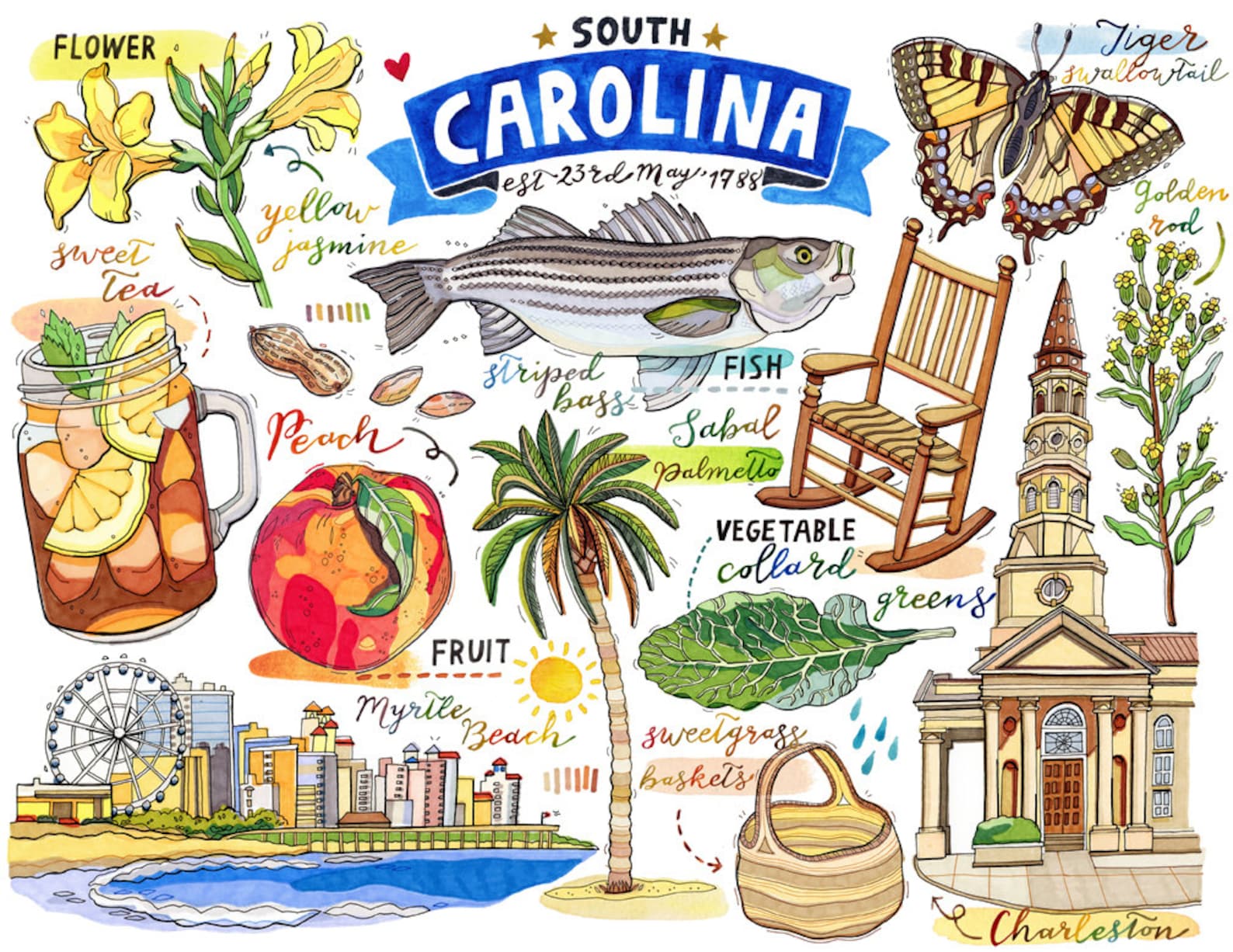 South Carolina Print State symbols Illustration The Etsy