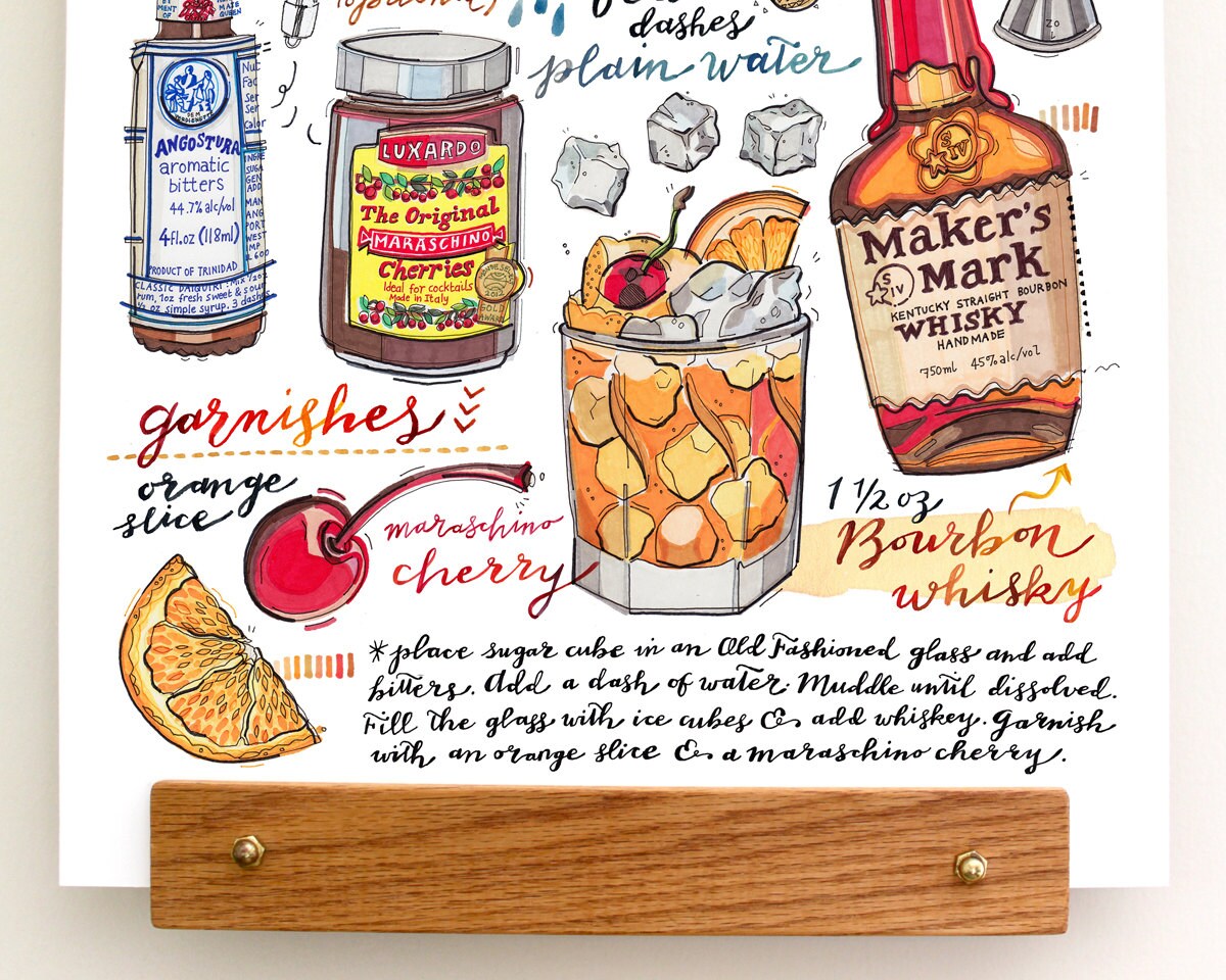 Old Fashioned Cocktail Print. Illustration. Bar Decor. Food